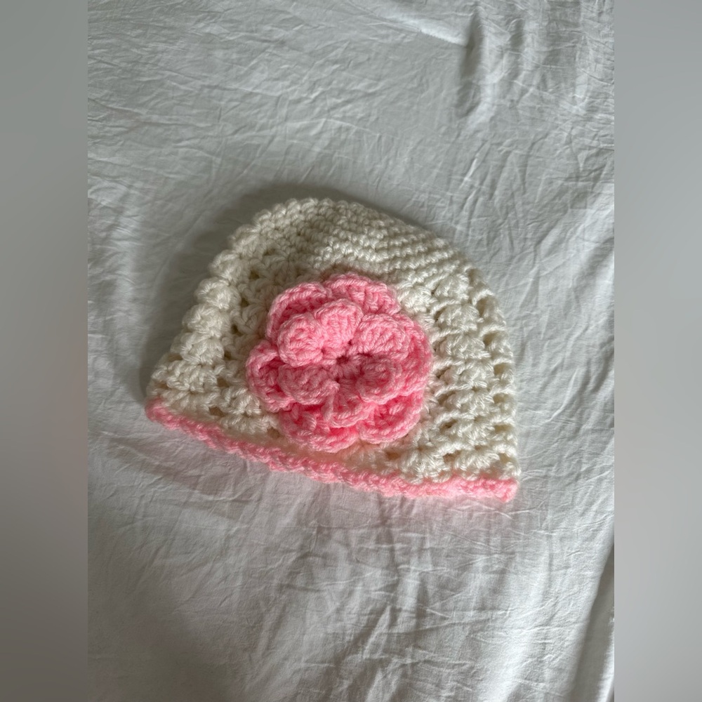Toddler hat white with pink flower handmade